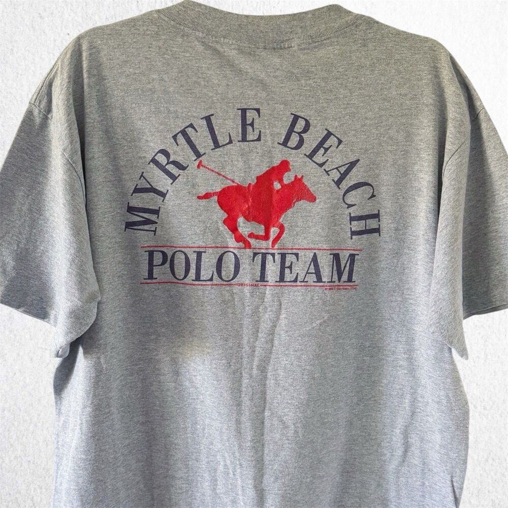 Vintage 90's Myrtle Beach Polo Club Tee Shirt L Gray Single Stitch Cotton Blend